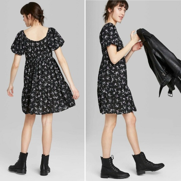 Wild Fable Black Purple Floral Sweetheart Peasant Puff Sleeve Babydoll Dress MED - Picture 12 of 12